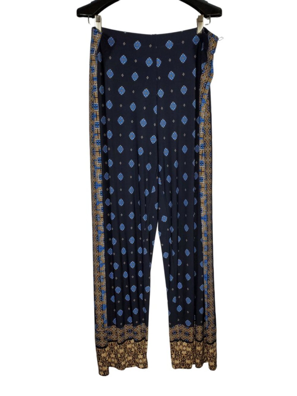 Susan Graver Wide Leg Pants Women's 1X Navy Blue Geometric Boho Casual Pull-On